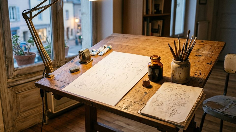 Table à dessin éclairée par une lampe : planche crayonnée, flacon d'encre, plumes et pinceaux, carnet ouvert